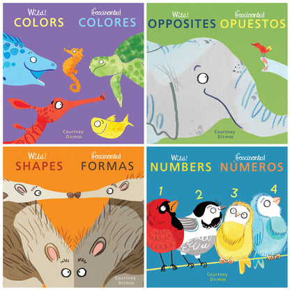 Four bilingual board book covers featuring colorful illustrated animals: Colors/Colores with sea creatures, Opposites/Opuestos with a whale, Shapes/Formas with