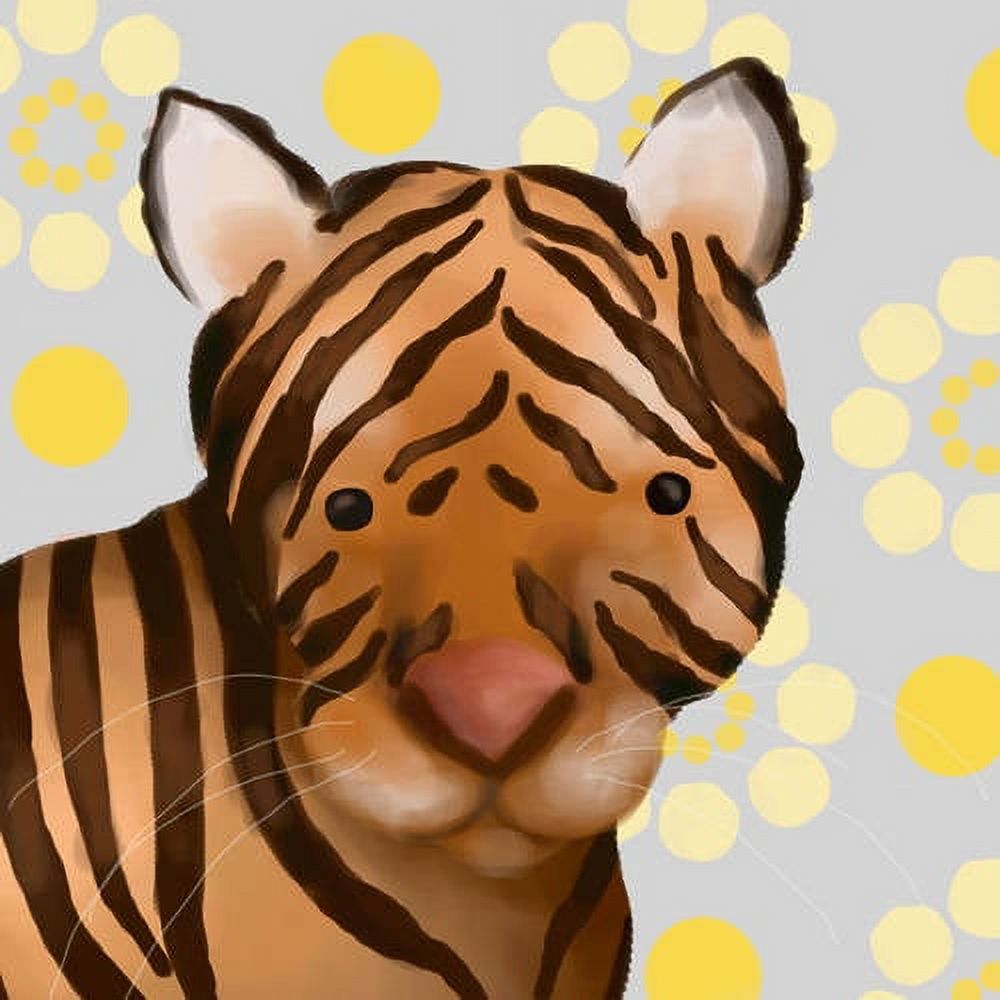 Illustrated tiger face with brown and tan stripes, white ears, and pink tongue against gray background with yellow and cream circles
