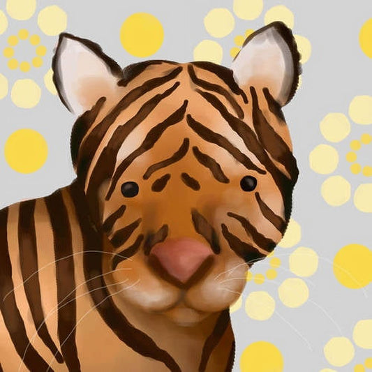Illustrated tiger face with brown and tan stripes, white ears, and pink tongue against gray background with yellow and cream circles