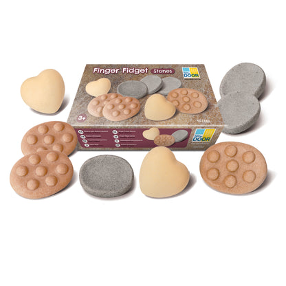 Finger Fidget Stones set with textured sensory stones in cream and gray, including bubble-pattern ovals and smooth heart and disc shapes, displayed with packagi