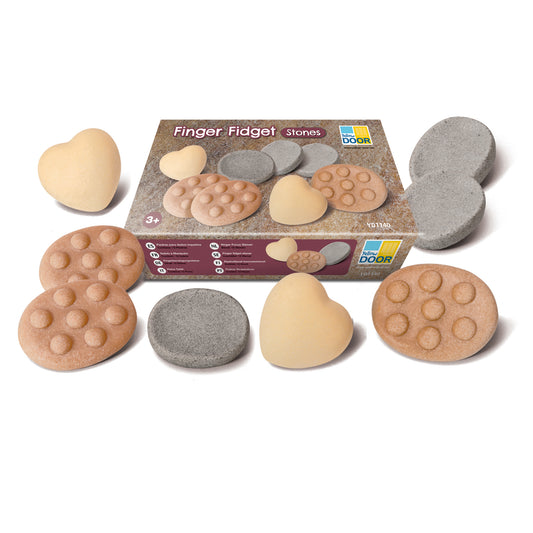 Finger Fidget Stones set with textured sensory stones in cream and gray, including bubble-pattern ovals and smooth heart and disc shapes, displayed with packagi