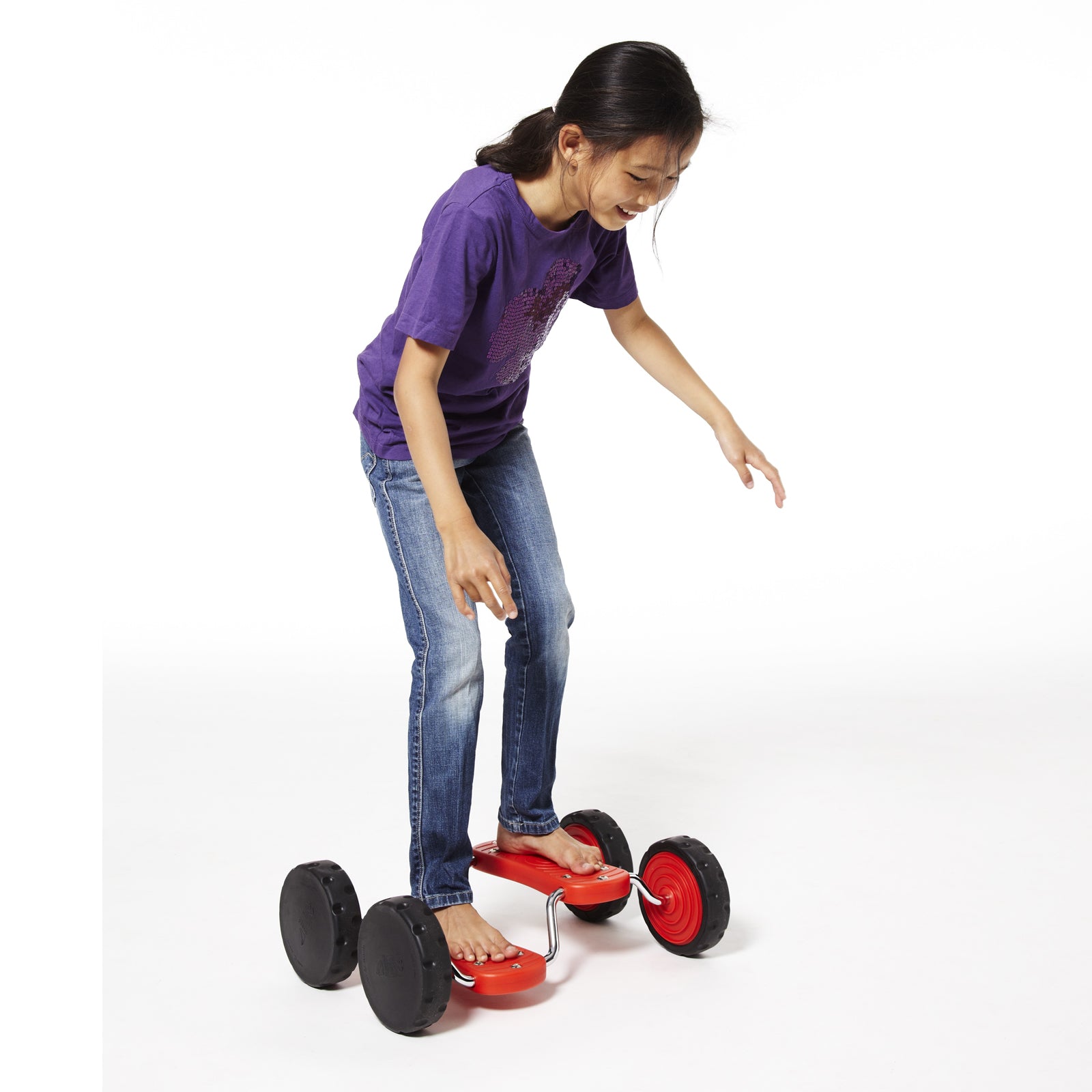 Girl riding red GONGE Go Go Roller with black wheels on white background