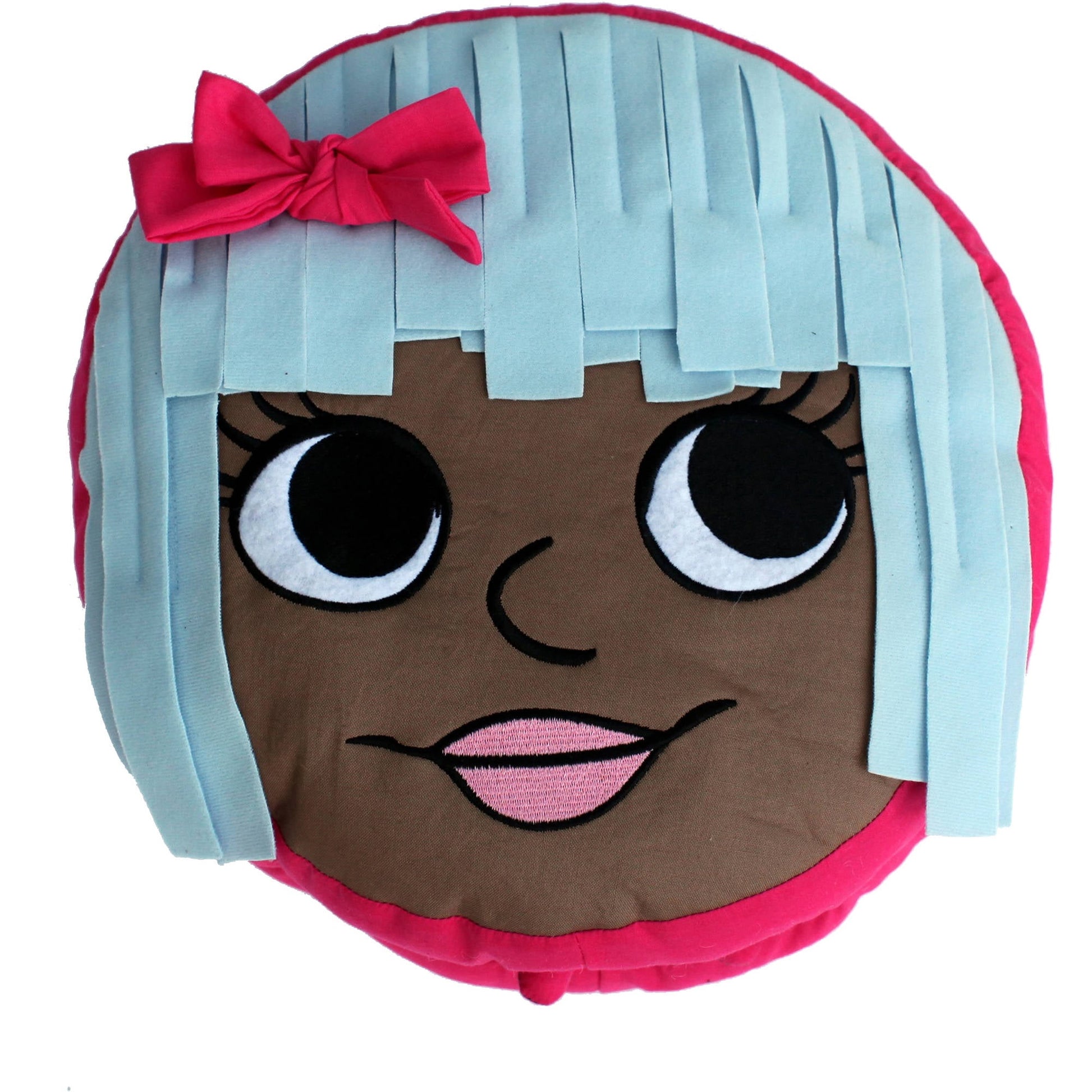 Dream Frenz Brittany Blue plush doll with light blue textured hair, hot pink bow, brown face with large black eyes, pink lips, and hot pink body