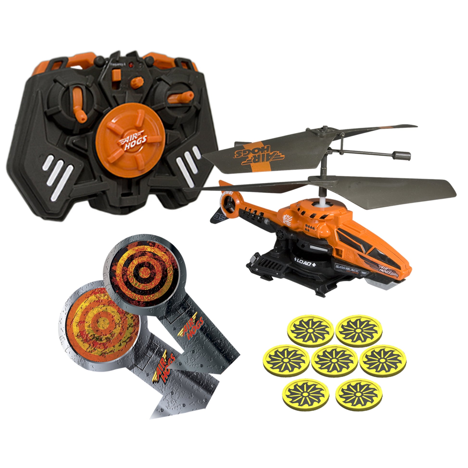 Air Hogs remote control helicopter set with orange and black helicopter, black and orange controller, two circular target pads, and seven yellow disc projectile