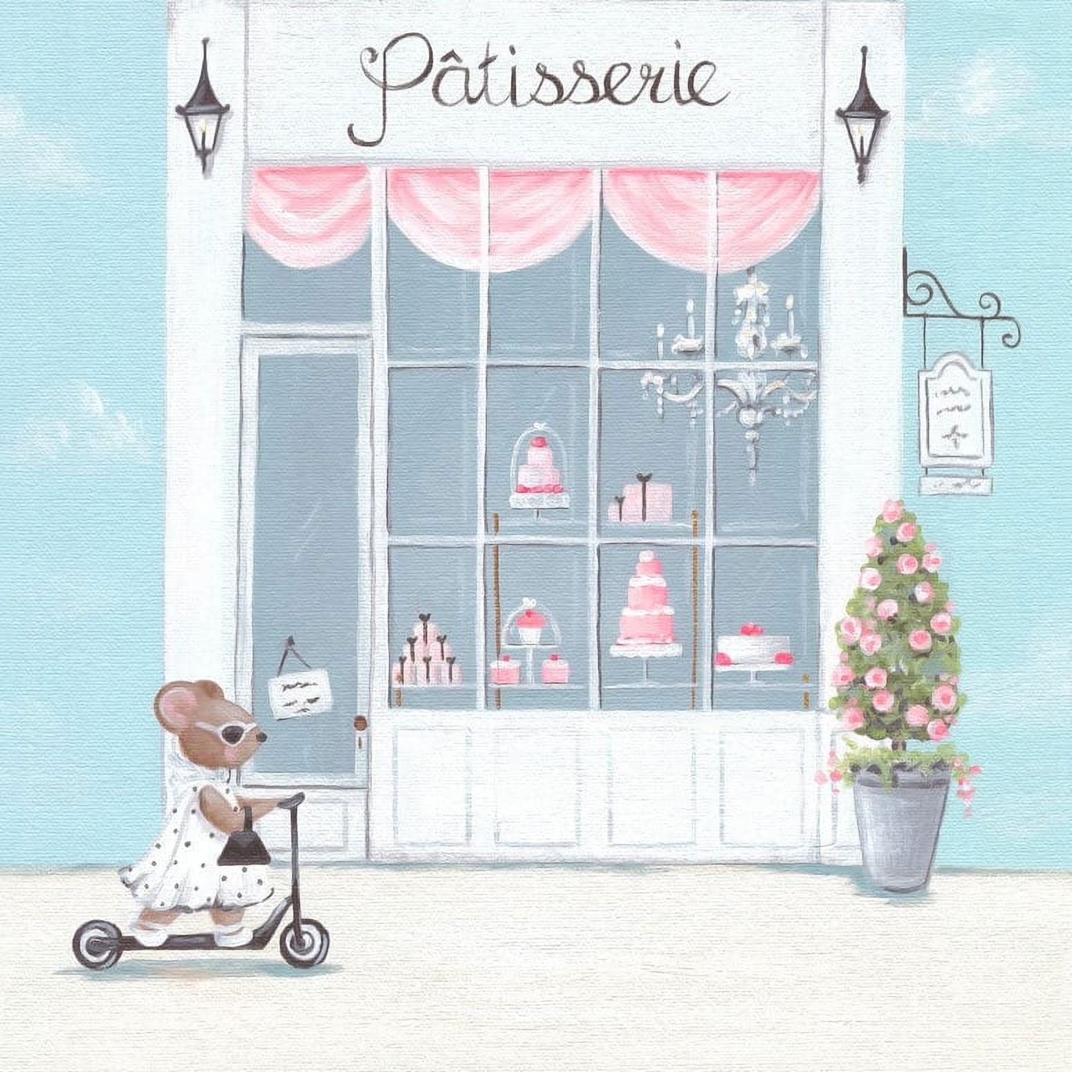 Illustrated canvas art of a charming patisserie storefront with pink awnings and displayed cakes, a young child on a scooter in front, and flowering plant besid