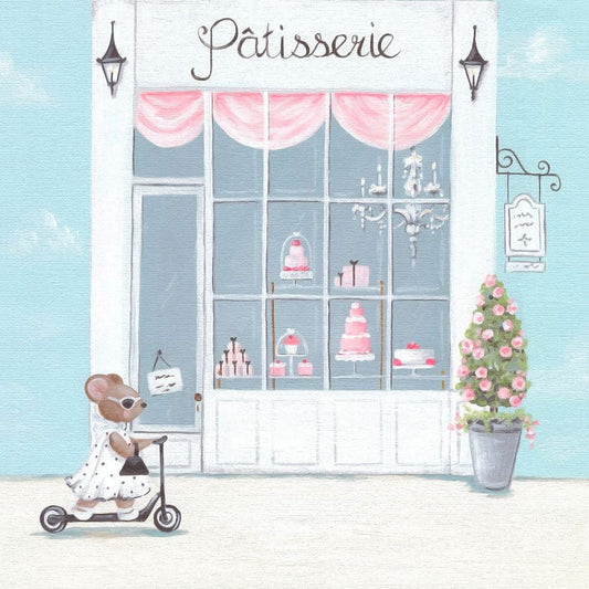 Illustrated canvas art of a charming patisserie storefront with pink awnings and displayed cakes, a young child on a scooter in front, and flowering plant besid