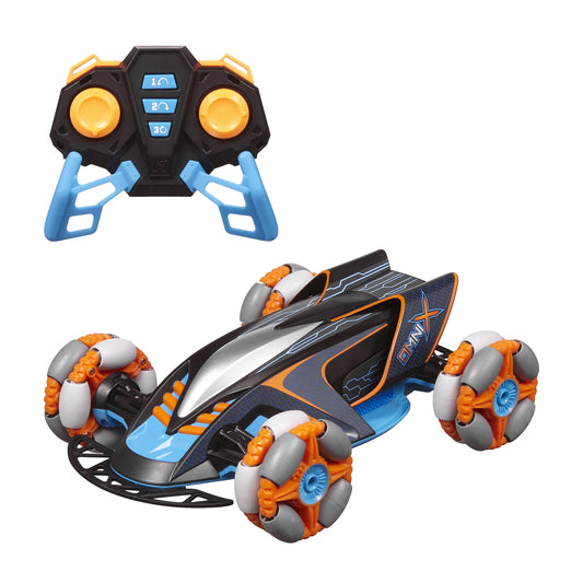 Nikko RC Omni X remote-controlled car in black, blue, and orange with dual motors and four large wheels, shown with black and orange wireless controller