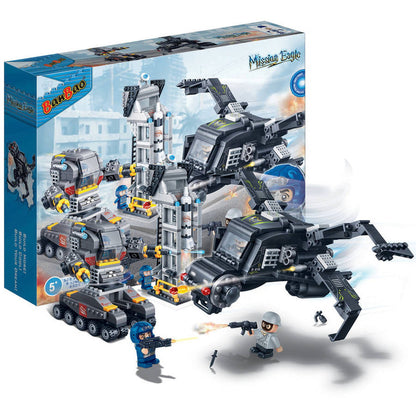 BanBao Mission Eagle building set with gray and black military vehicles, tower structure, minifigures, and weapons accessories on plain background