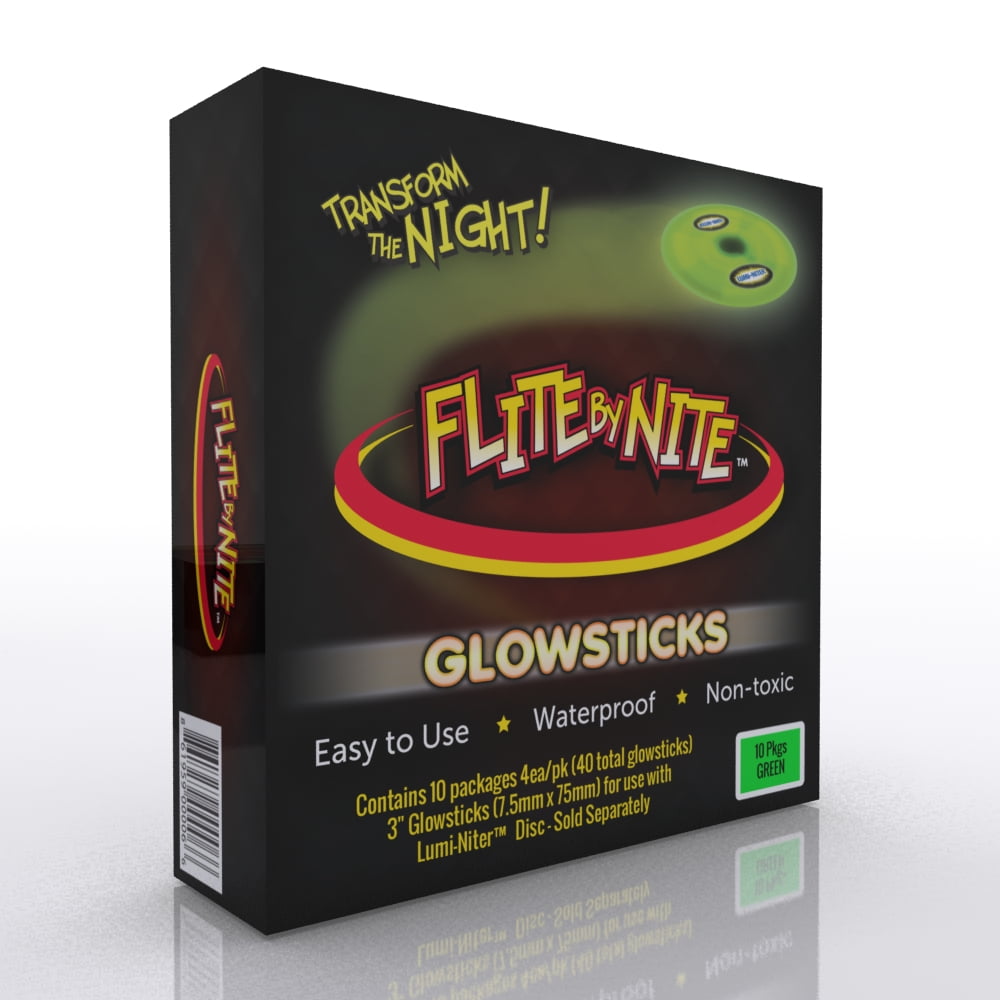 Flite by Nite Glowsticks box displaying green glow-in-the-dark sticks, labeled easy to use, waterproof, non-toxic, contains 10 packages of 4 per pack
