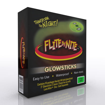 Flite by Nite Glowsticks box displaying green glow-in-the-dark sticks, labeled easy to use, waterproof, non-toxic, contains 10 packages of 4 per pack