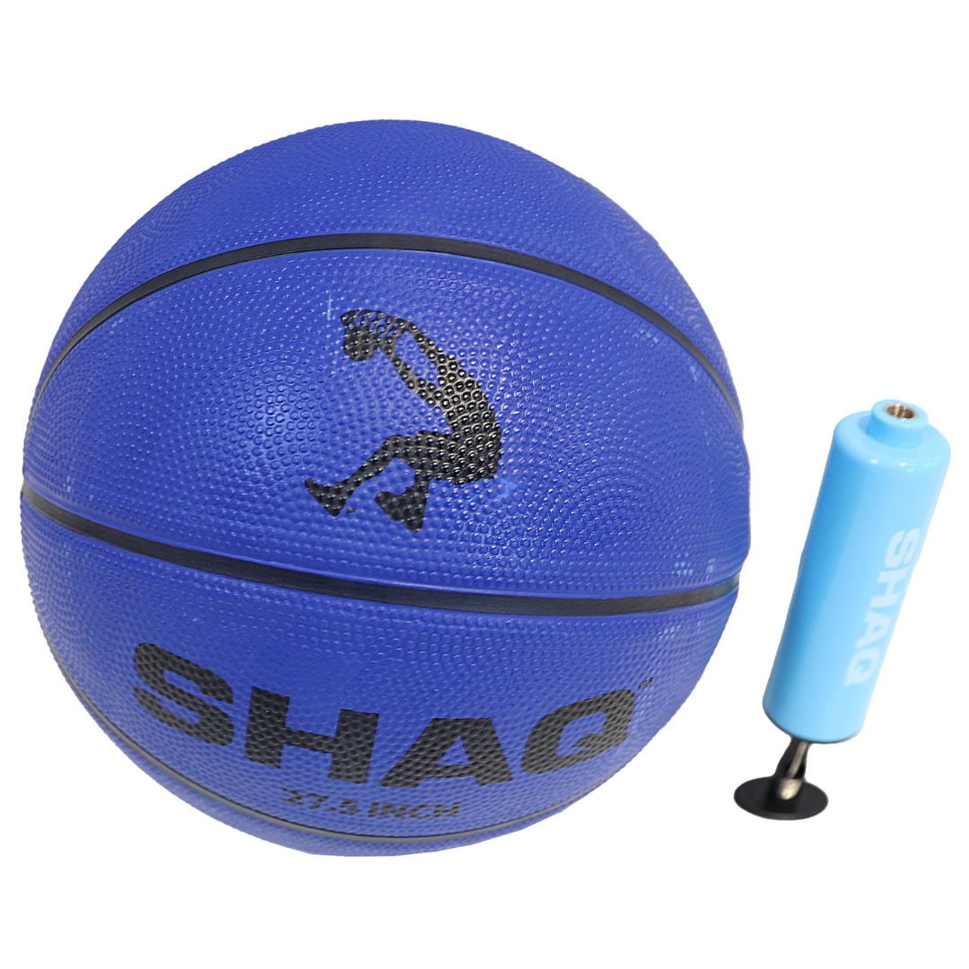 Blue SHAQ basketball size 5 with black logo and brand text, shown with light blue mini hand pump