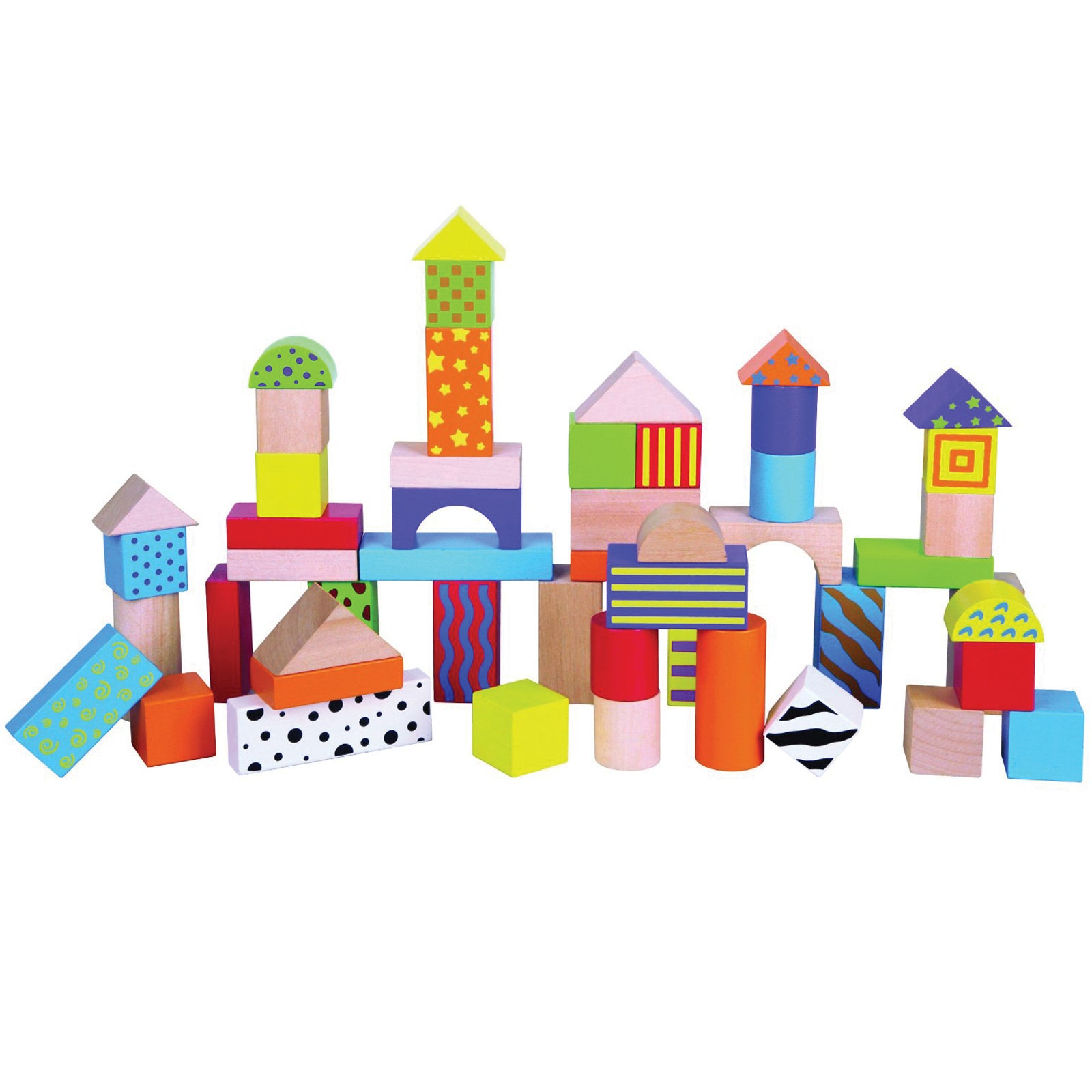 Colorful wooden building blocks set with 50 pieces including cylinders, cubes, roof pieces, and patterned blocks in bright colors arranged to show variety