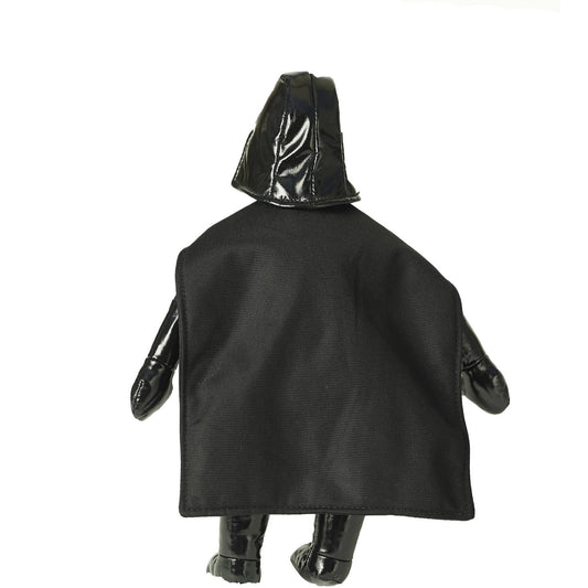 Black plush Darth Vader figure with glossy helmet and cape, shown from behind on plain background