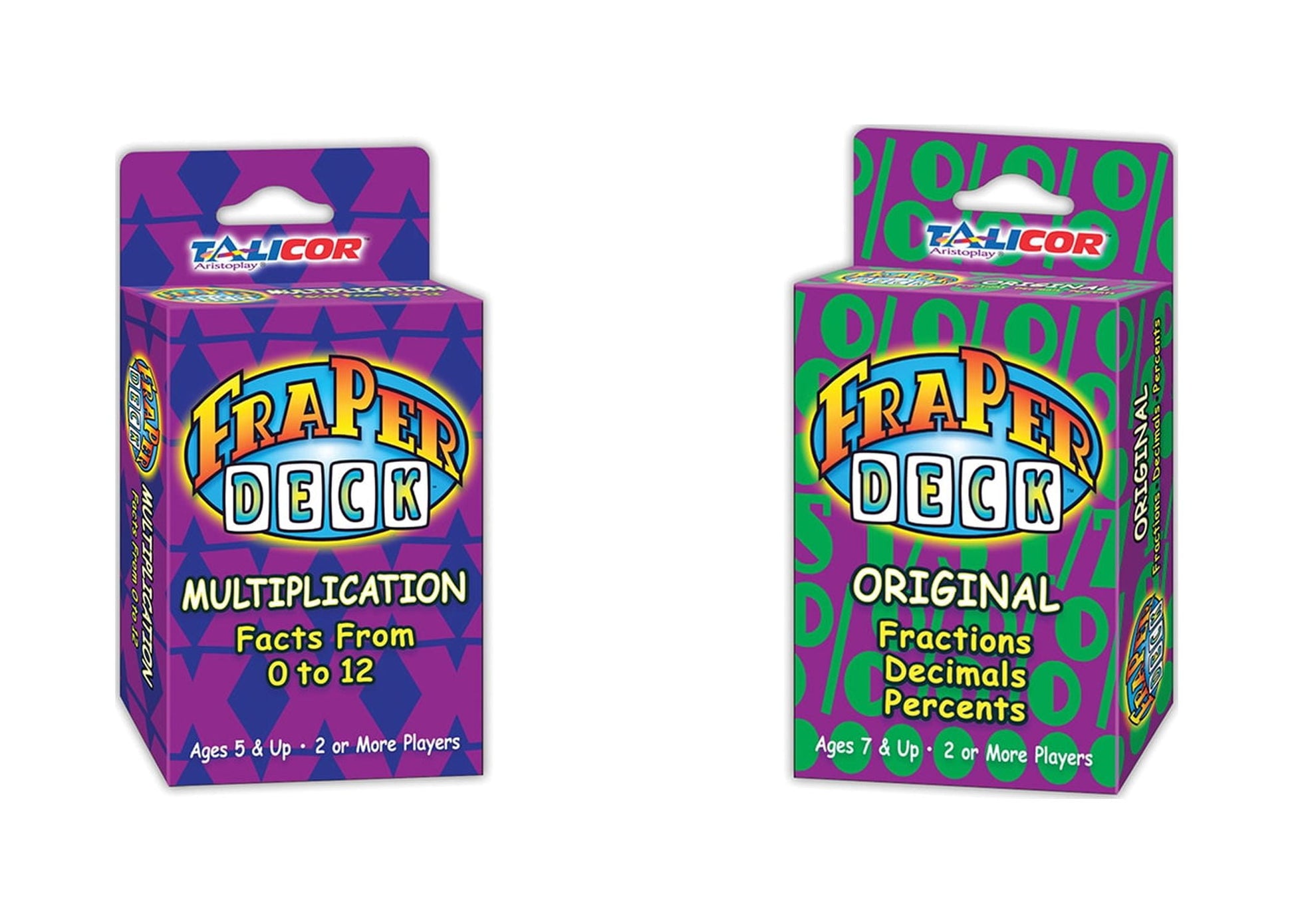 Two Talicor Fractions Deck card game boxes: Multiplication Facts (purple, ages 5+) and Original Fractions Decimals Percents (green, ages 7+)