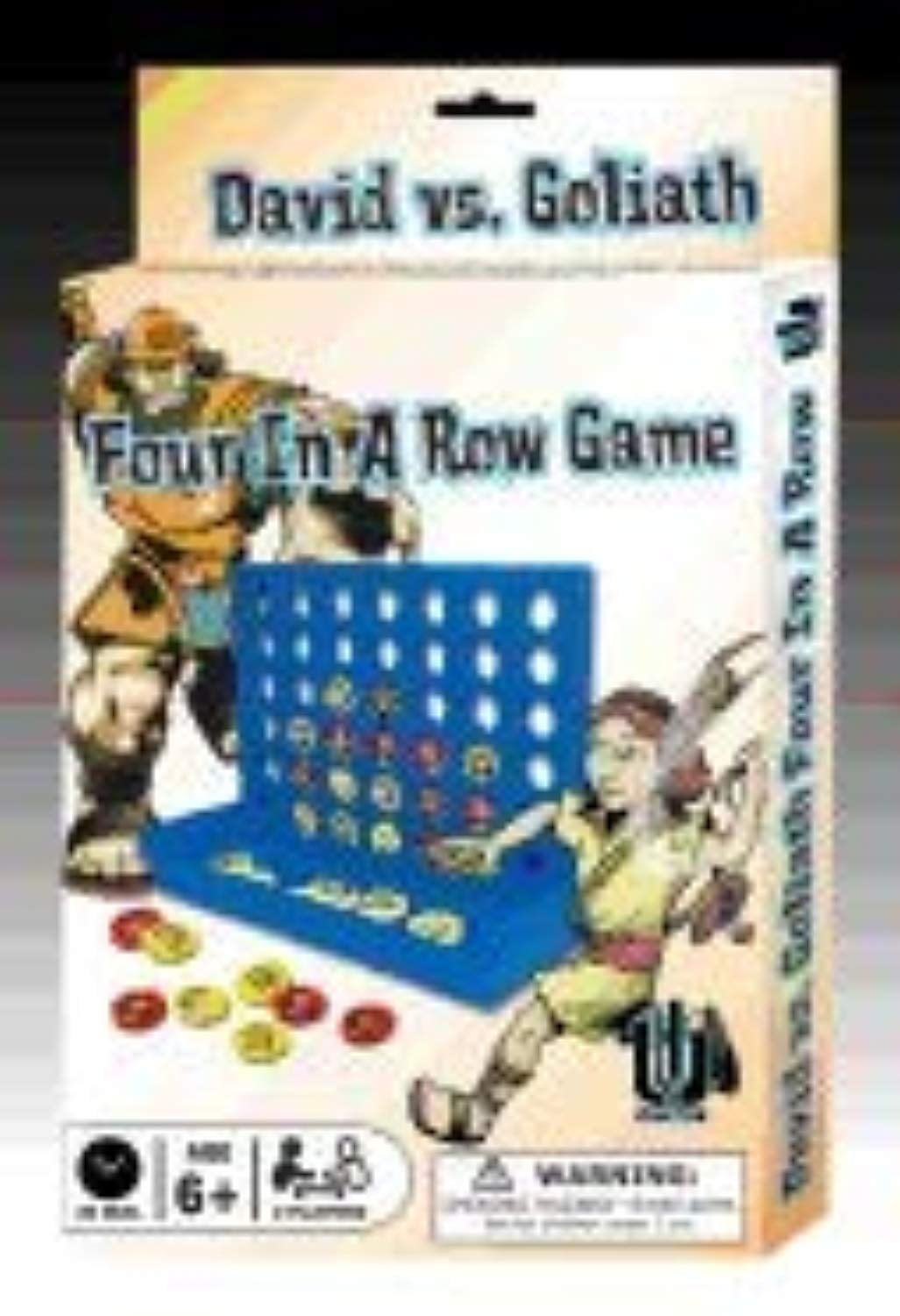 David vs. Goliath Four in a Row Game box showing blue game board with red and yellow pieces and character illustrations