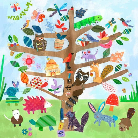 Colorful illustrated tree with brown branches filled with animals, birds, insects, and nature elements on light blue sky and green grass background
