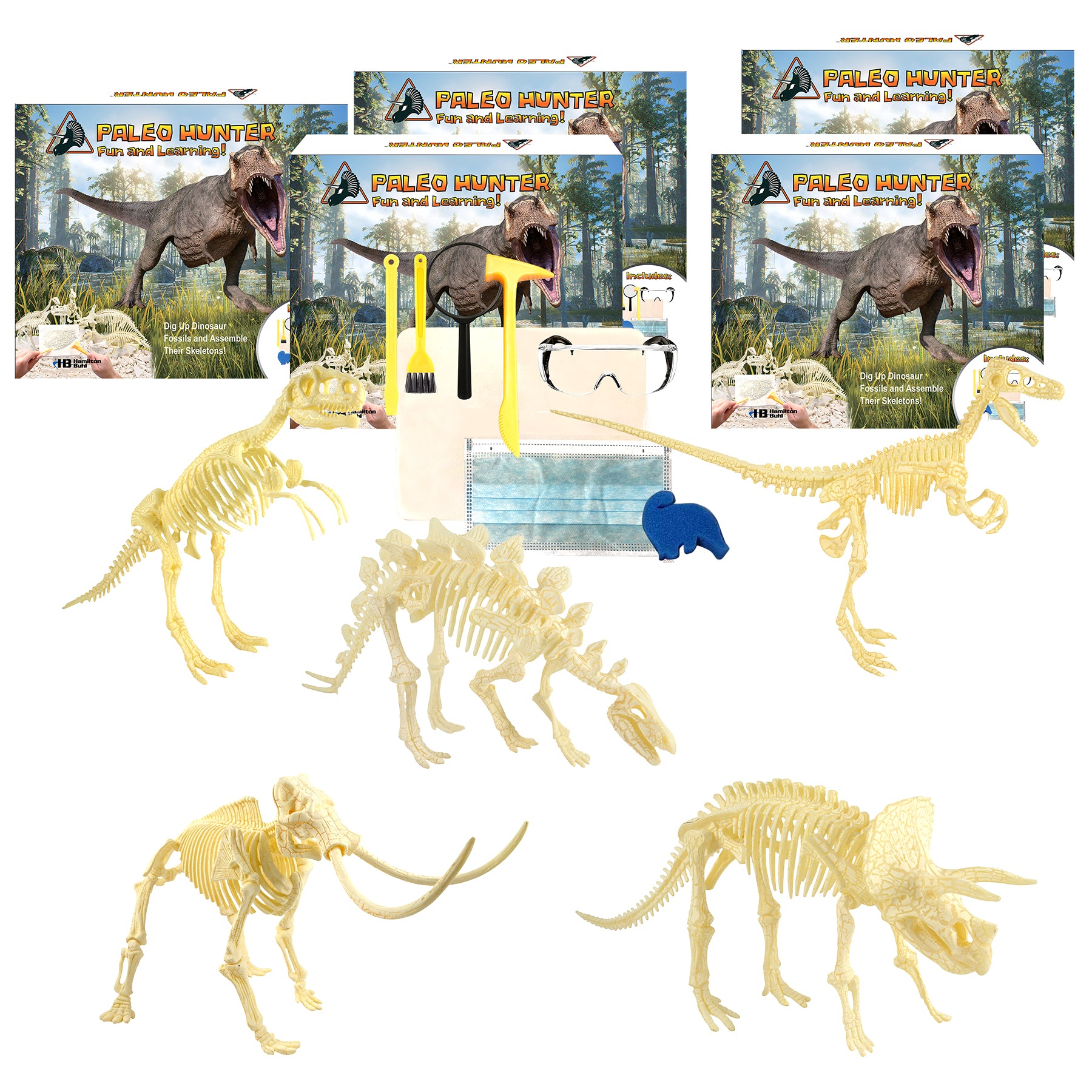 Paleo Hunter dinosaur excavation kit contents including five cream-colored skeleton models, yellow digging tools, blue fossil replica, instruction cards with T-