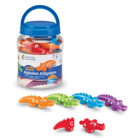 Learning Resources Alphabet Alligators set with blue handle jar containing 26 colorful alligator-shaped pieces labeled with letters A-Z, displayed with sample o