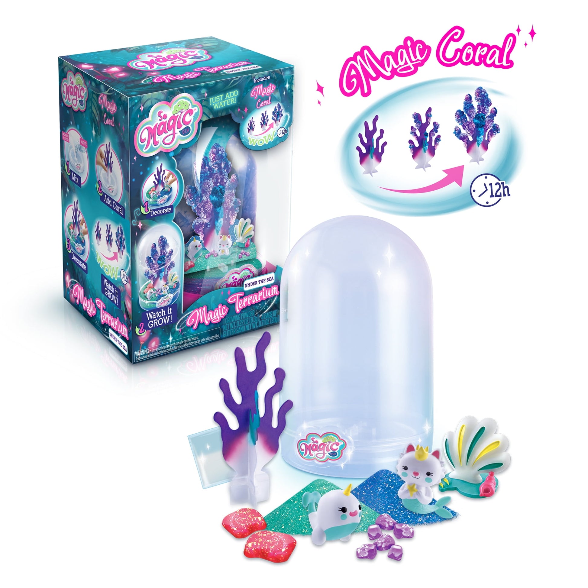 Magic Coral terrarium kit with purple coral that grows over 12 hours, includes dome container, two white animal figurines, glitter fabric pieces, and purple gem