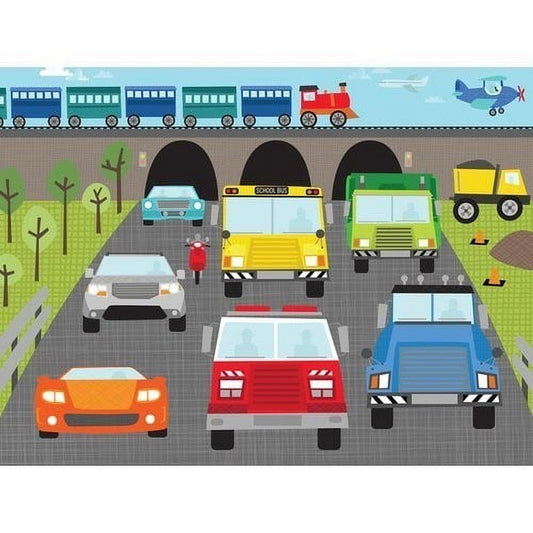 Illustrated scene with colorful vehicles on a street, including cars, school bus, fire truck, garbage truck, and train at top, with airplane in sky and trees on