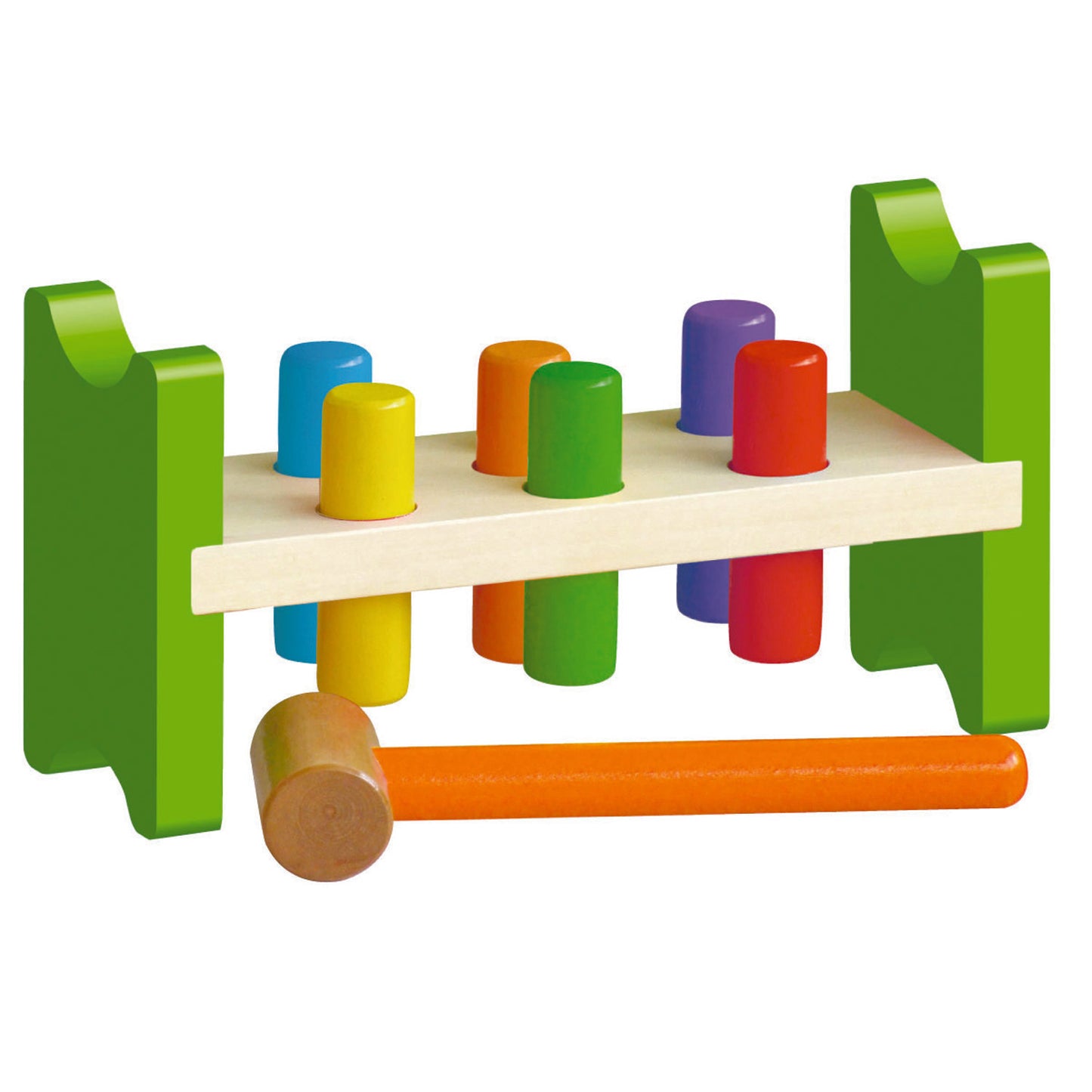 Wooden pound-a-peg bench toy with green frame, cream platform, colorful pegs in blue, yellow, orange, green, purple, and red, and wooden mallet with orange hand