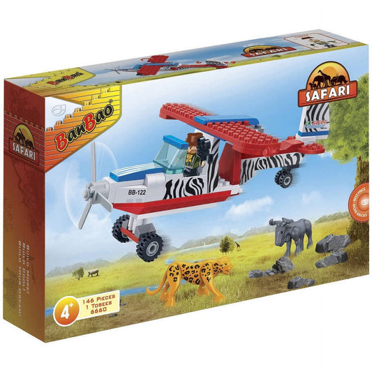 BanBao Bush Plane Adventure building set box showing red and white zebra-striped airplane with propeller, safari animals including elephant and leopard, 146 pie