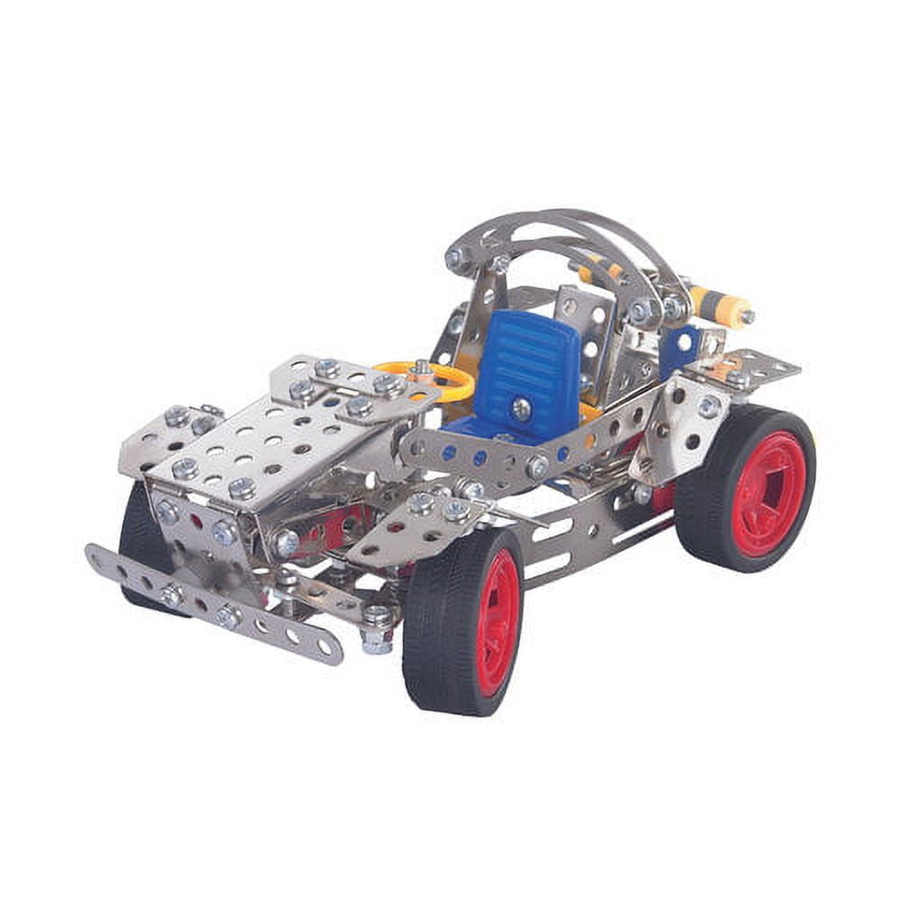 Nuts and Bolts Hot Rod building toy with metal construction pieces, blue seat, red wheels, and steering wheel assembly on plain background