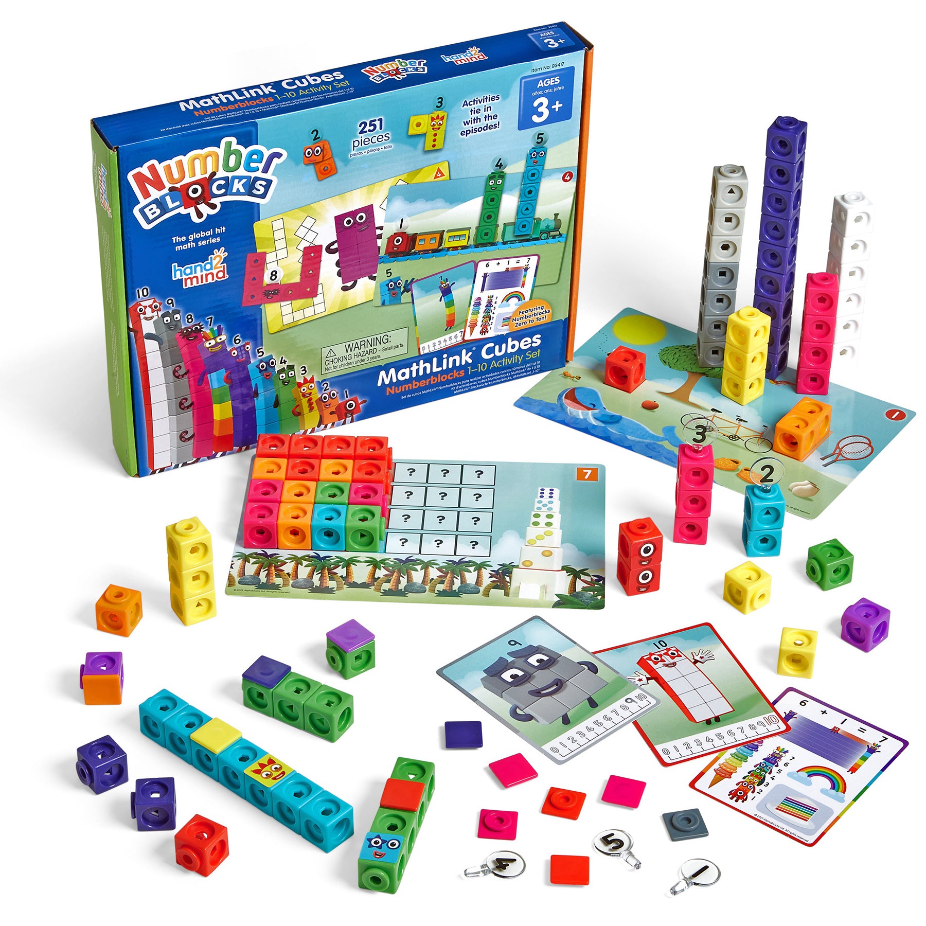Hand2Mind Numberblocks MathLink Cubes 1-10 Activity Set with colorful interlocking cubes, activity cards, and instruction booklet displayed with contents