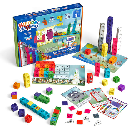 Hand2Mind Numberblocks MathLink Cubes 1-10 Activity Set with colorful interlocking cubes, activity cards, and instruction booklet displayed with contents