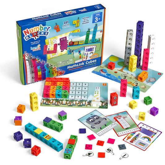 Hand2Mind Numberblocks MathLink Cubes 1-10 Activity Set with colorful interlocking cubes, activity cards, and instruction booklet displayed with contents