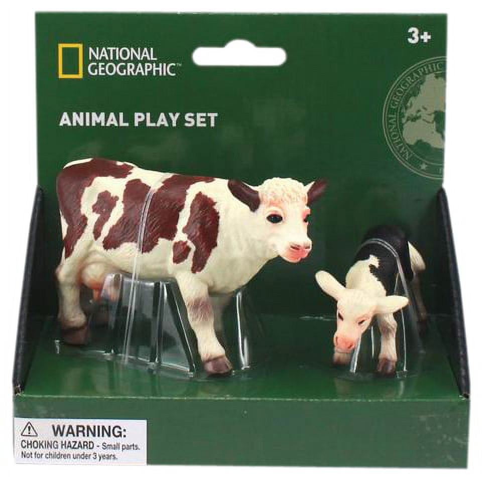 National Geographic Animal Play Set packaging with red and white cow figurine and smaller calf figurine inside clear display window