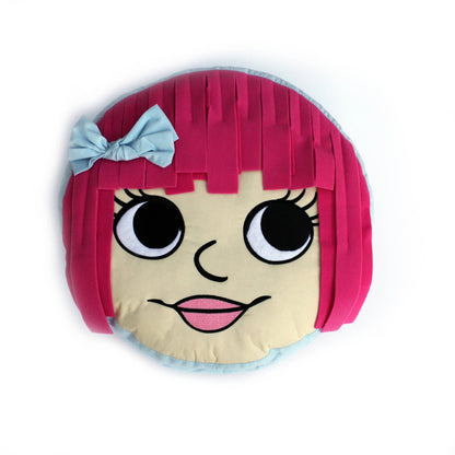 Dream Frenz Penelope plush toy with pink bob haircut, blue bow, cream-colored face, large black eyes with lashes, and pink lips