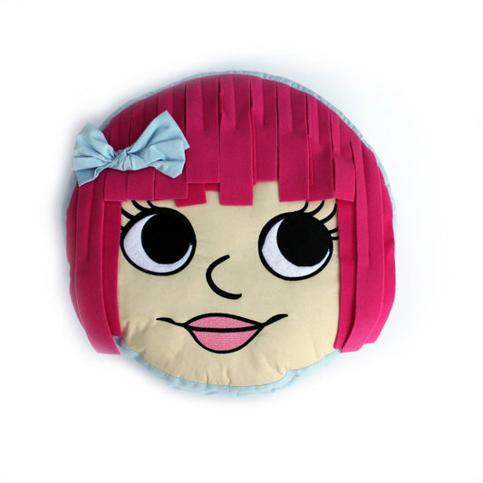 Dream Frenz Penelope plush toy with pink bob haircut, blue bow, cream-colored face, large black eyes with lashes, and pink lips