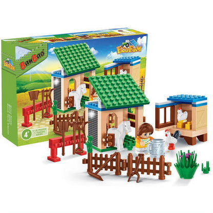 BanBao Animal Farm Adventure building set with farm structures featuring green roofs, brown fencing, white horse and chicken figures, child figure on model, and