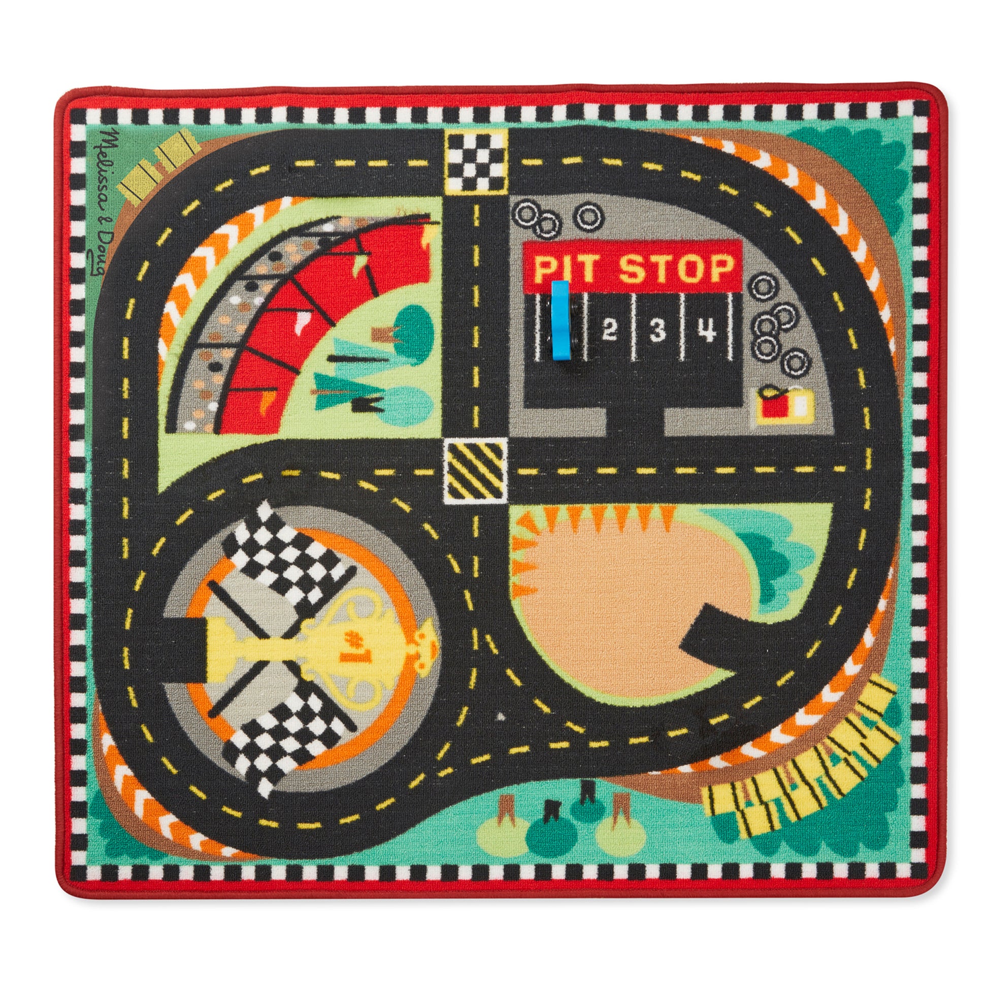 Melissa & Doug Speedway Race Track Rug with colorful road design, pit stop, and checkered border