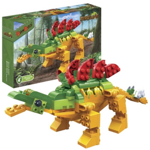 Yellow and green building-block dinosaur toy with red spiky plates along its back, shown assembled next to its colorful retail box