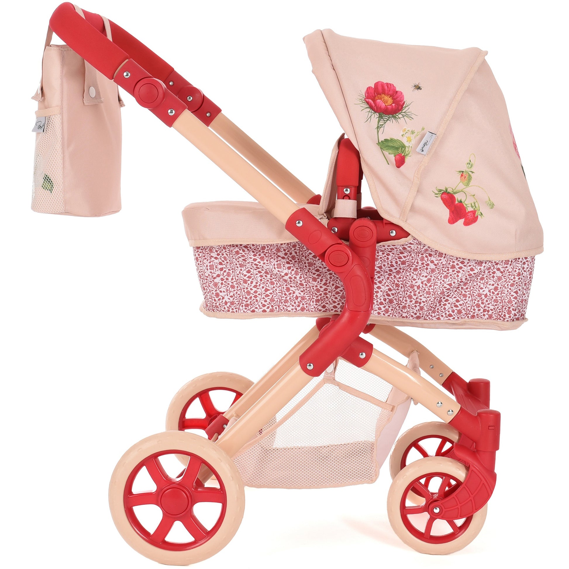 Roma RHS Single Doll Pram Flora with pink fabric, red handles and wheels