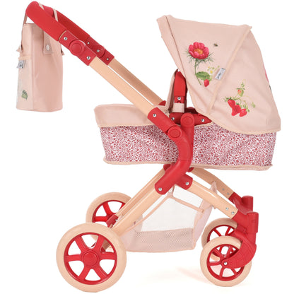 Roma RHS Single Doll Pram Flora with pink fabric, red handles and wheels