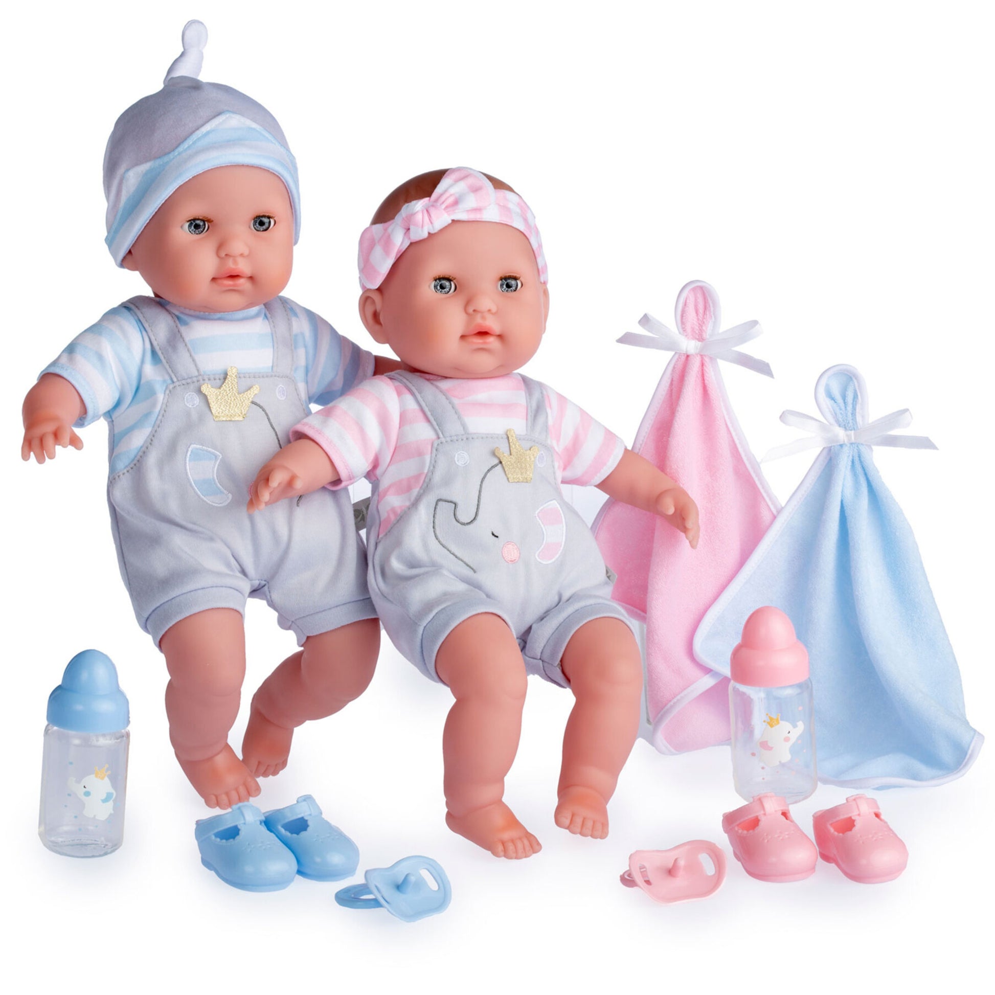 JC Toys Twin Nonis Boutique 15" baby dolls in pink and blue with accessories and bottles