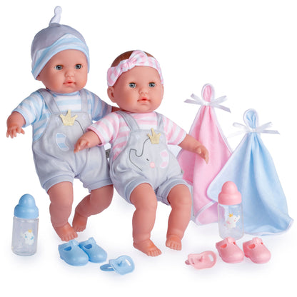JC Toys Twin Nonis Boutique 15" baby dolls in pink and blue with accessories and bottles