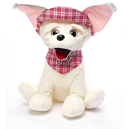 White plush chihuahua with pink ears, red plaid bandana and hat with "I love NY" text on chest