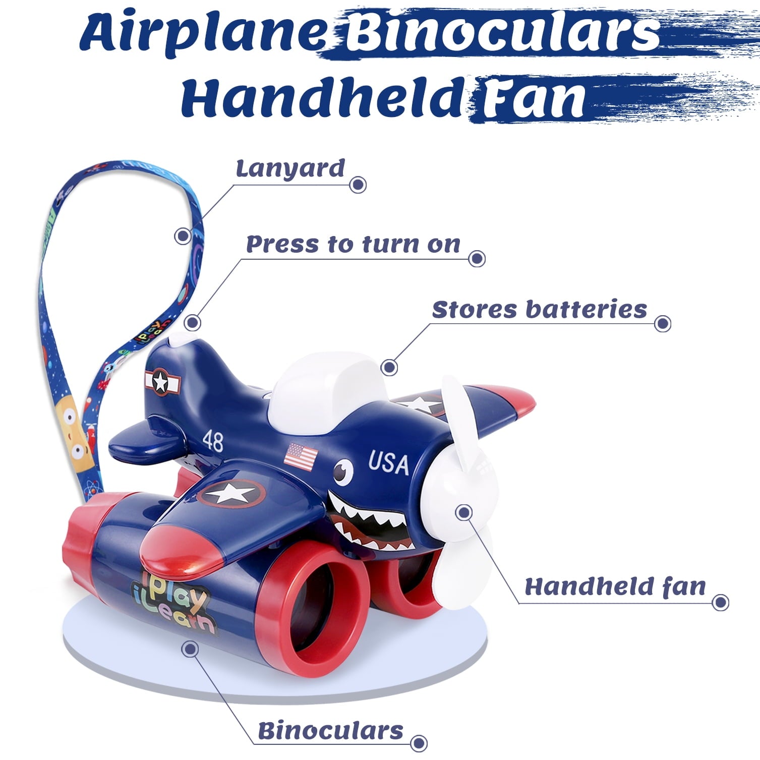 Airplane Binoculars Handheld Fan with labeled features: lanyard, press to turn on button, battery storage, handheld fan, and binoculars in blue with red accents