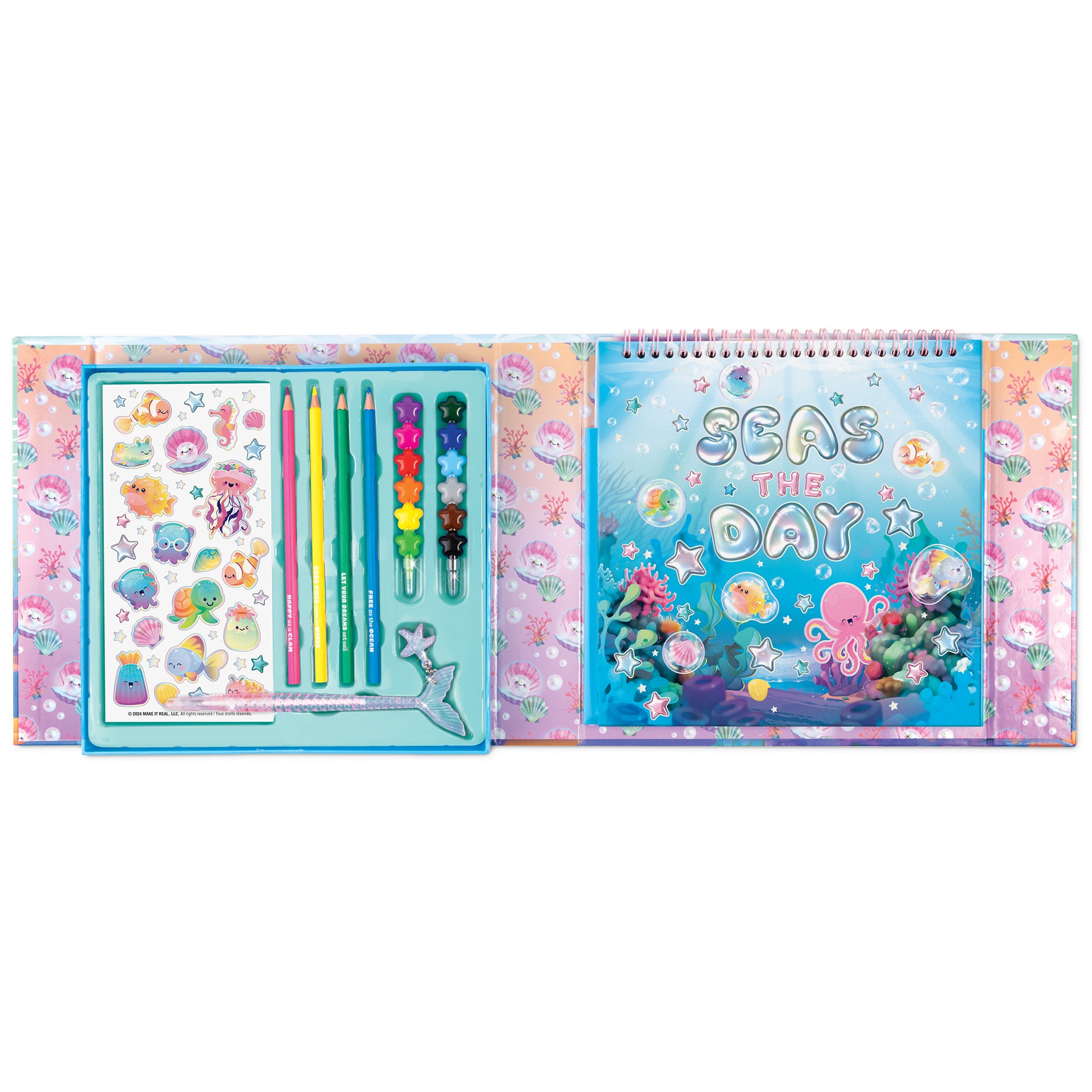 Seas The Day Aquatic Artist Drawing Set with colored pencils, stickers, and spiral notebook
