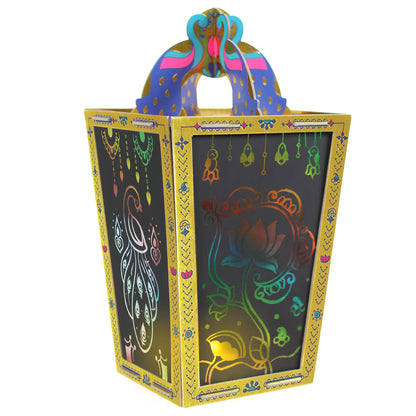 Rangoli Mandala Scratch Art Lantern with colorful gold frame and black scratch panels