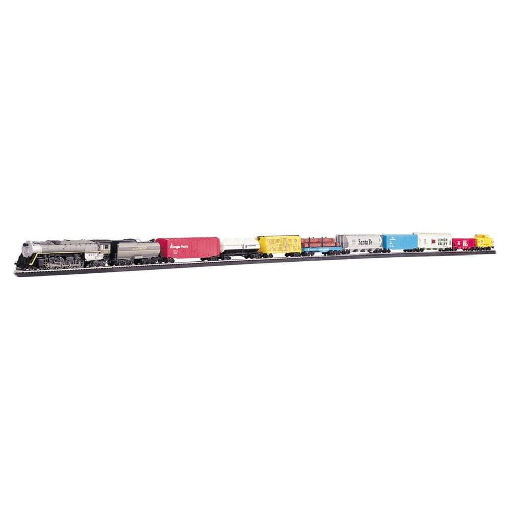 Bachmann Trains Overland Limited HO scale electric train set with steam locomotive, tender, and multiple freight and passenger cars on white background