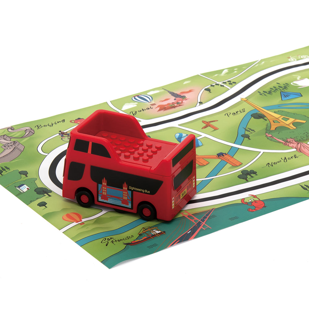 Red double-decker sightseeing bus on an interactive map with winding roads, landmarks labeled Beijing, Paris, New York, and San Francisco