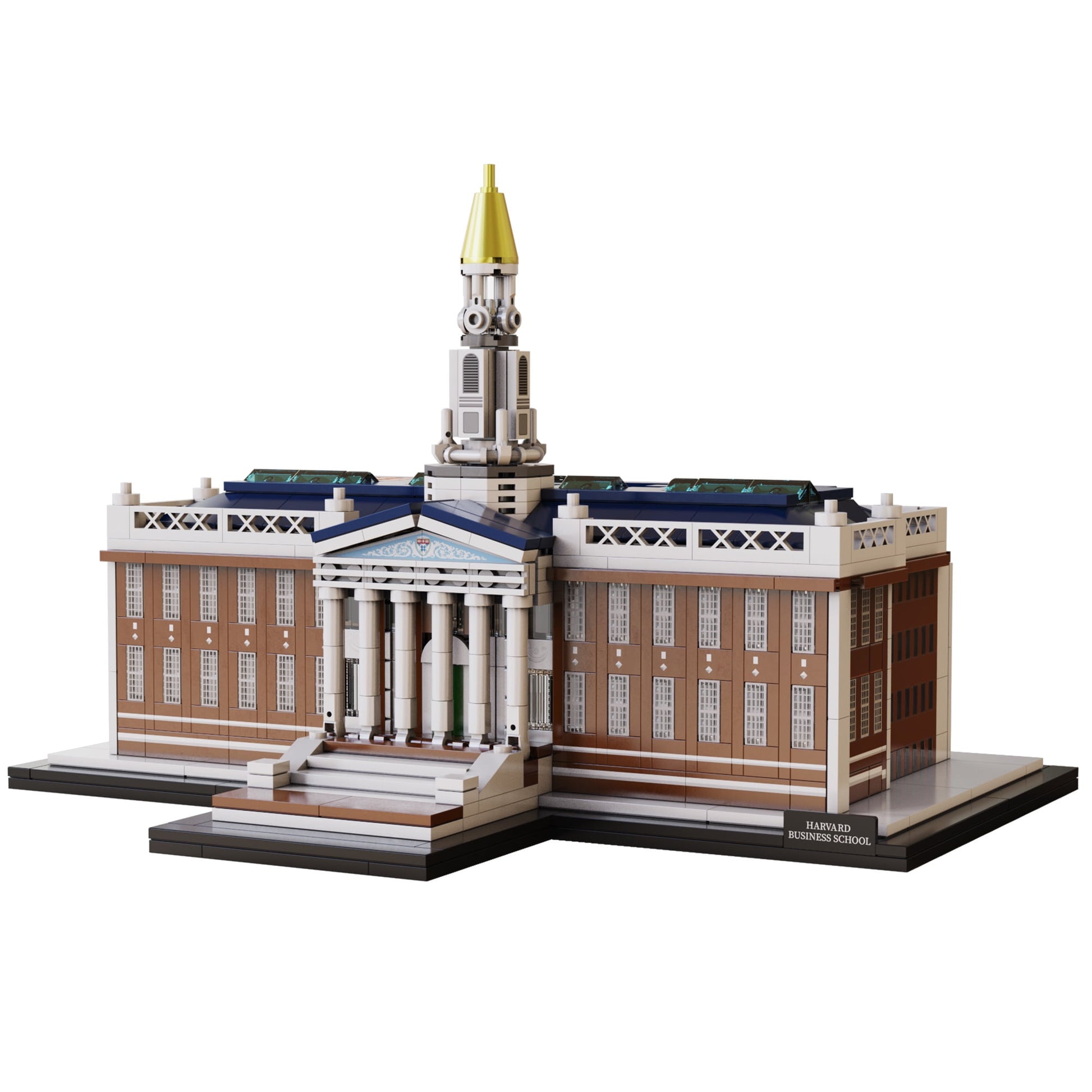 CaDA Harvard Business School Baker Library building set, architectural model with brown brick buildings, white columns, central tower with gold spire, on black