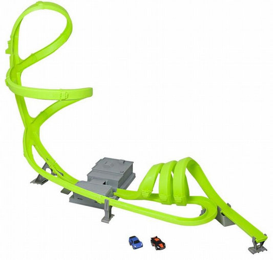 Nano Speed Ultra Raceway playset with neon green track featuring loops and curves, gray base platform, and two small diecast cars