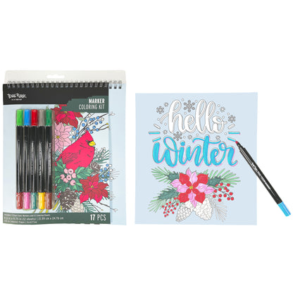 Marker Coloring Kit: Cardinal with 5 dual-color markers and 12 coloring sheets featuring winter designs