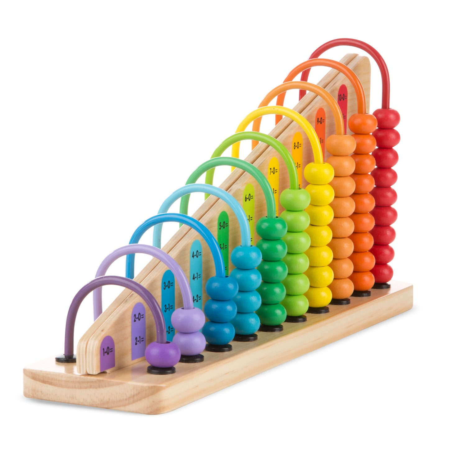 Wooden abacus with colorful arches and beads in rainbow order from purple to red, featuring math equations on wooden slats